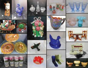 11/5 Murano- Fenton – Roosters – Uranium – Carnival – Viking – Frankoma- Fitz & Floyd – S/P Shakers – LE Smith – Dr Pepper – Amberina – Tiara – Paper weights – Sewing Misc